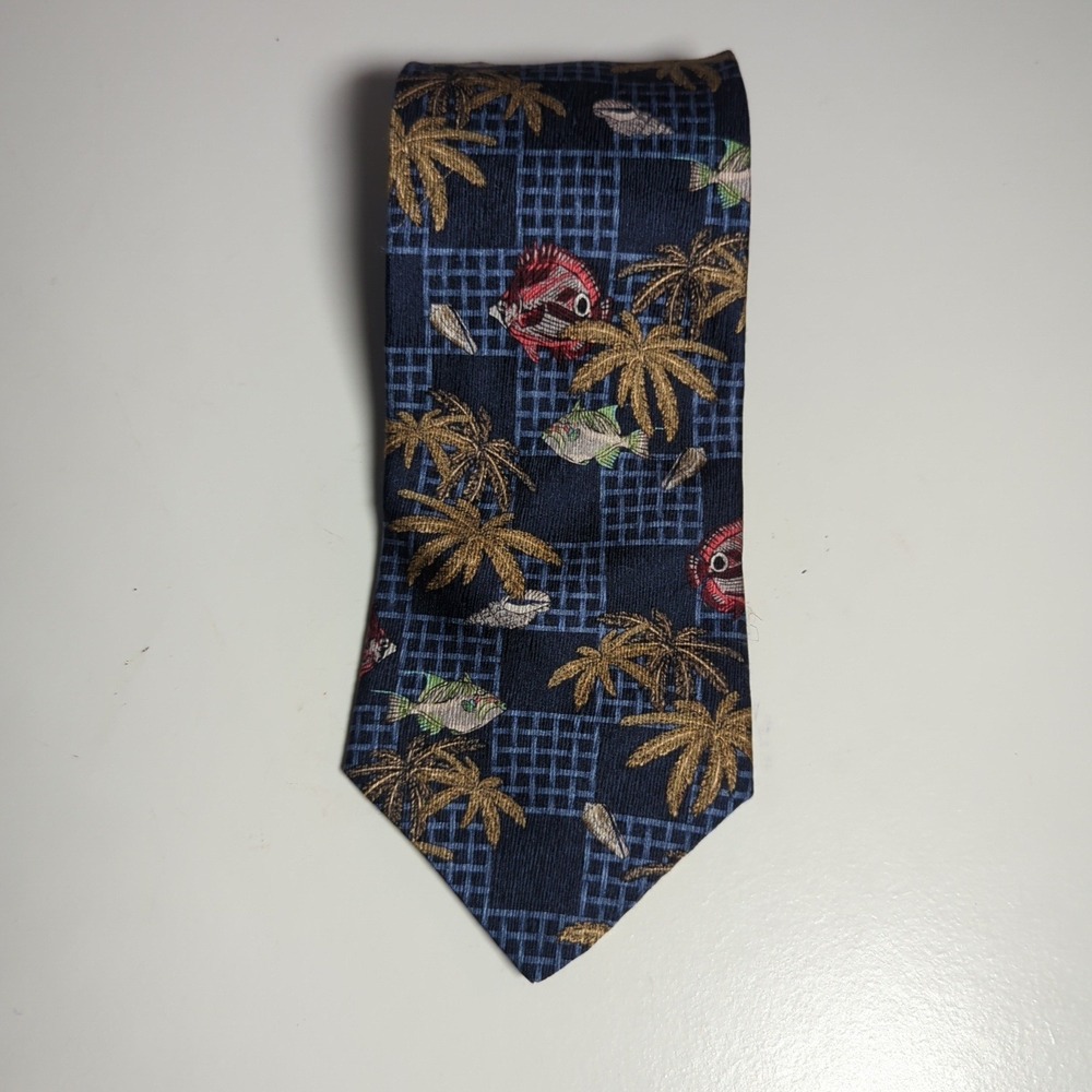 Vintage Tropicals by Tango Silk Tie Fish Palm Tree Navy Blue‎ Career Necktie USA